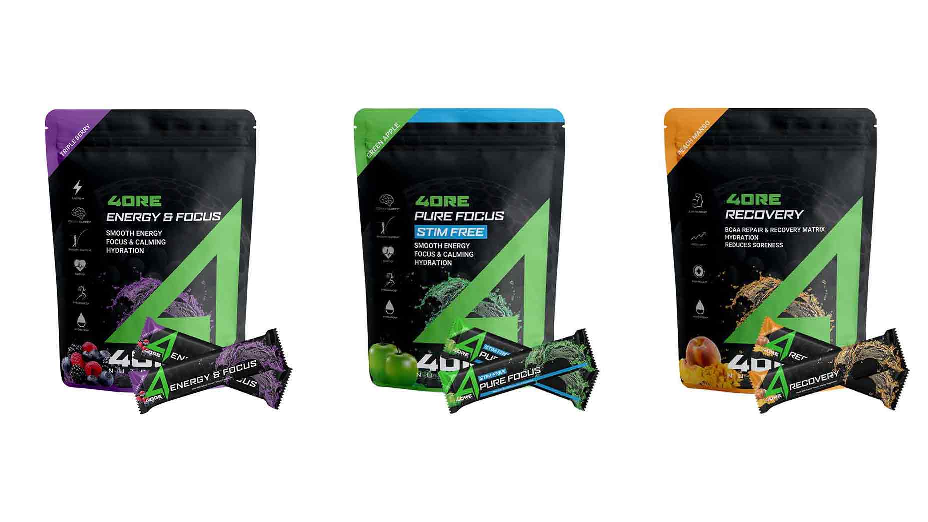 Three packages of 4ore Nutrition's supplements in a row.